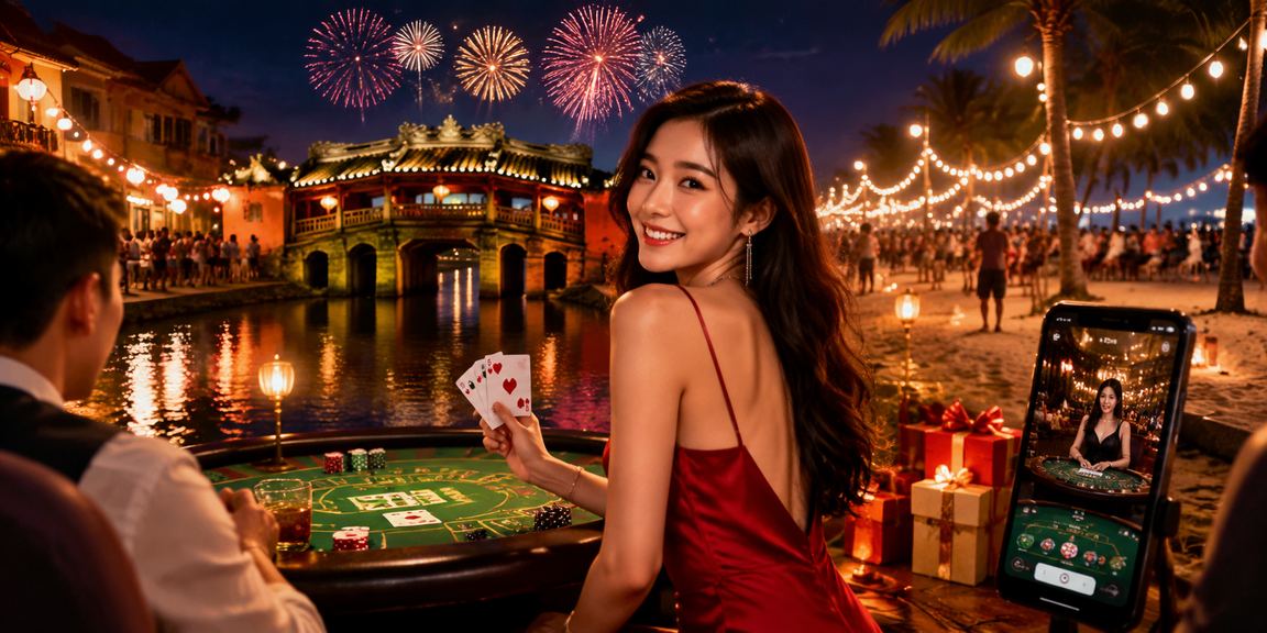 Người chơi trải nghiệm Baccarat trực tuyến tại khu phố cổ Hội An về đêm