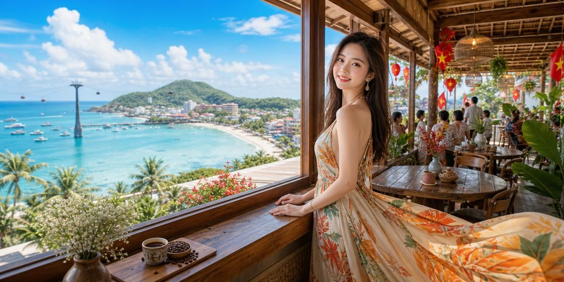 Người dùng tại Phú Quốc xem thông tin cá cược thể thao trên điện thoại trong quán cà phê ven biển